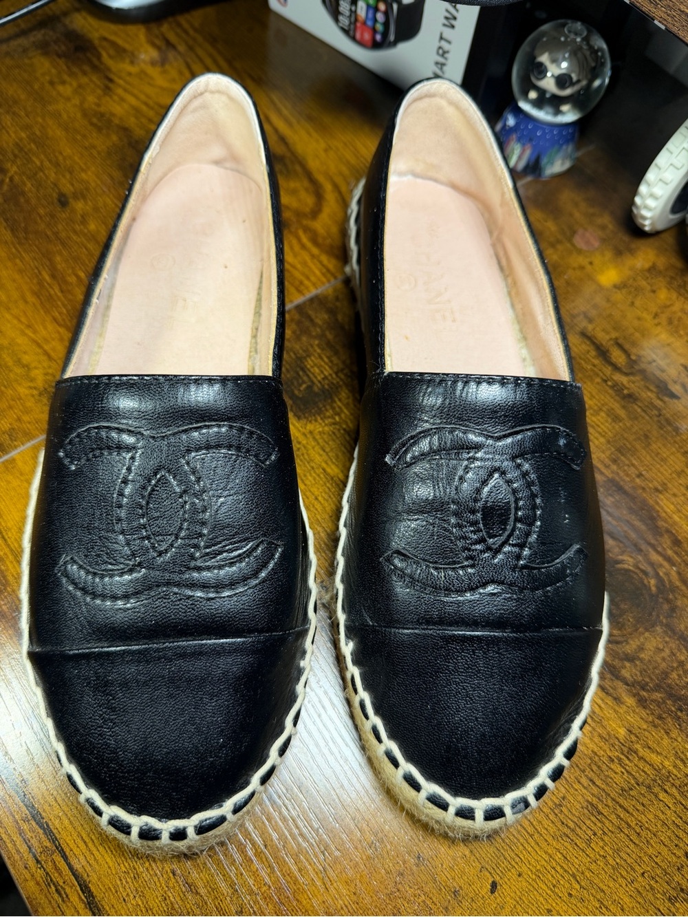 CHANEL Black Leather Espadrille Slip-On Loafers